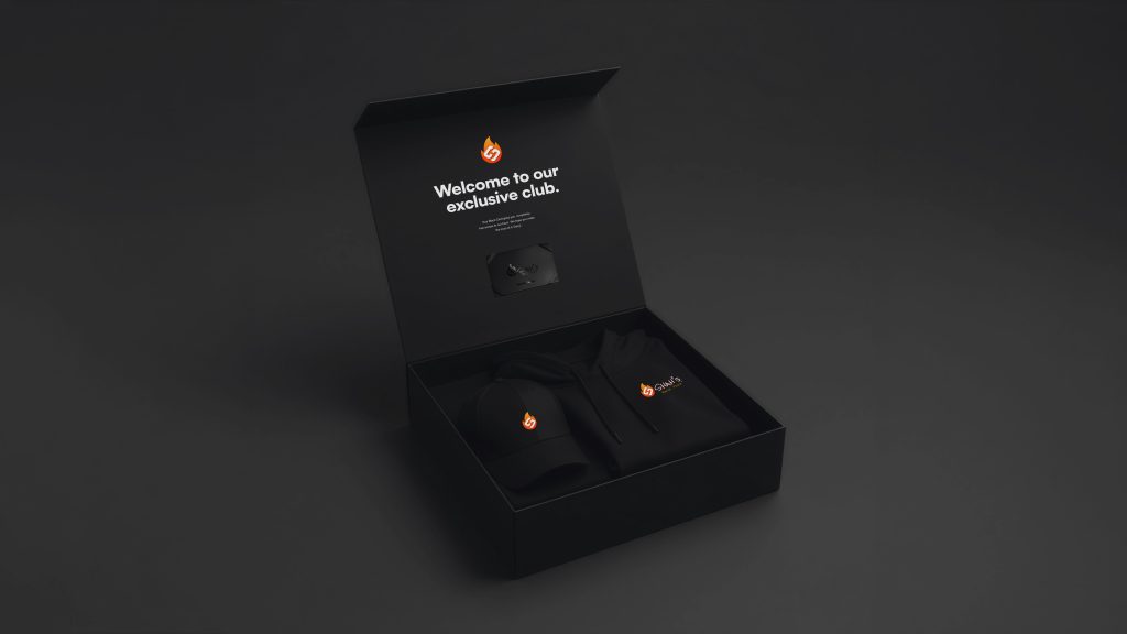 Shah's Black Card welcome box with card, cap and hoodie